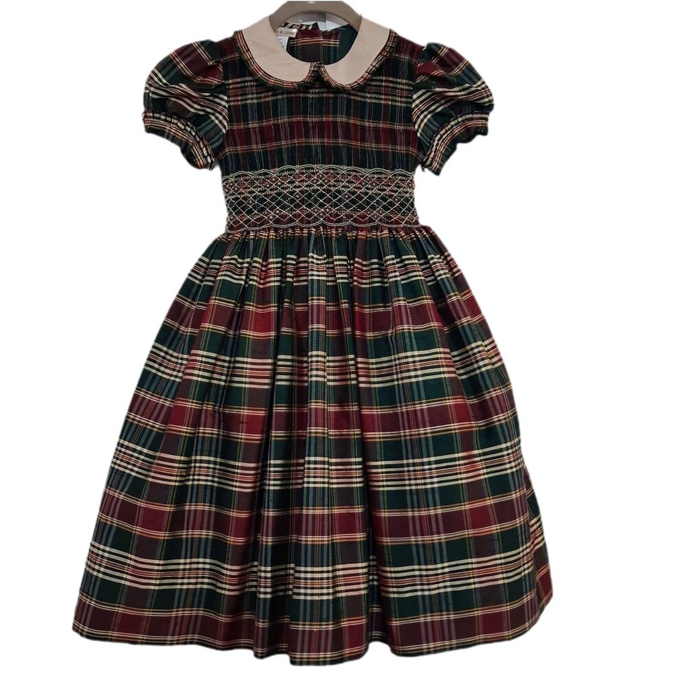 Tartan Plaid Silk Smocked Dress Girls Size 6 Puff Cap Sleeves Holiday Christmas